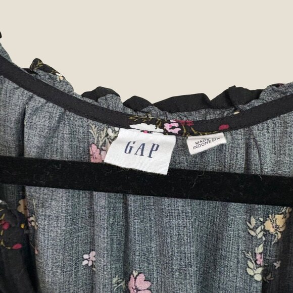 GAP Black Ruffled Neck Long Puffed Sleeve Micro Floral Print Blouse Size XL - Picture 5 of 9